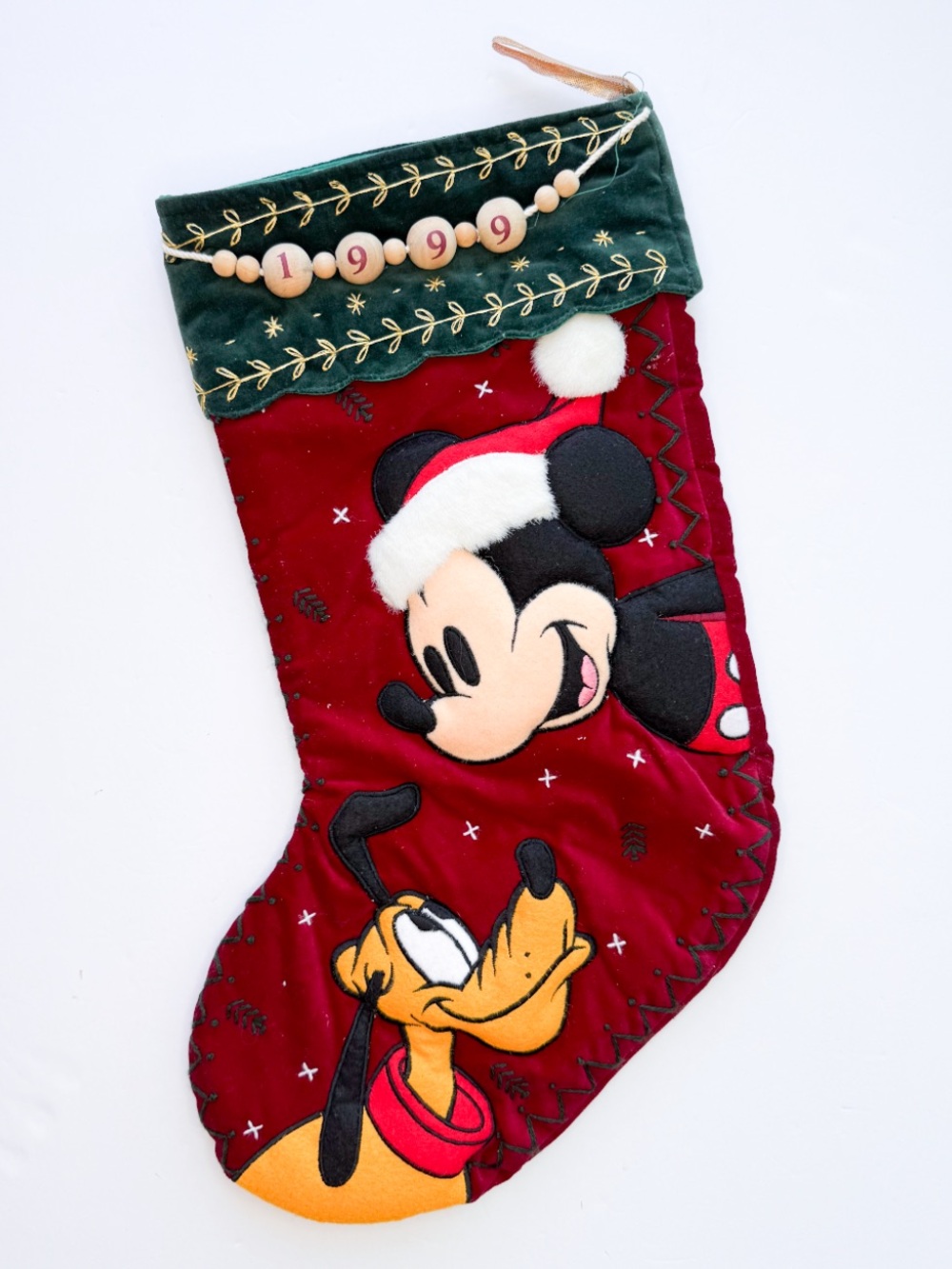 Vintage 1999 Disney Mickey Mouse Pluto Velvet Christmas Stocking 3D Applique